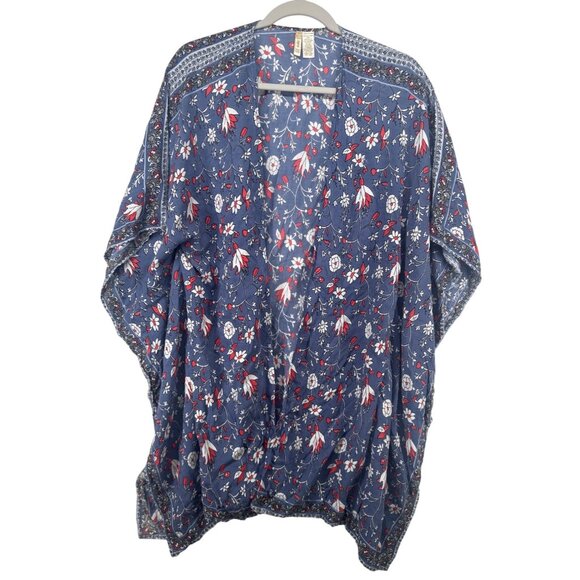 Japna Womens Cardi OneSize Blue Floral Cottage Boho Kimono SwimCover Open Flowy - Picture 1 of 9